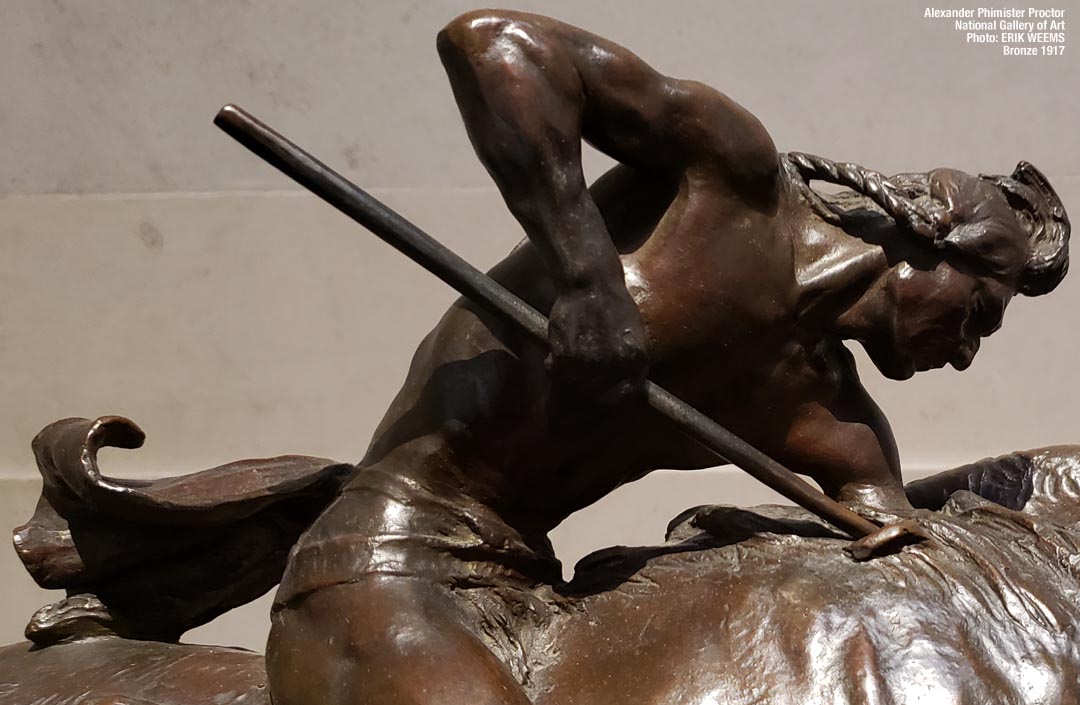 Detail close up of Buffalo Hunter bronze by Alexander Philmister Proctor 1917